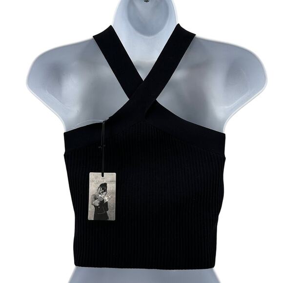 Sincerely Jules Criss Cross Halter Cropped Top WMNS M Black Ribbed Knit Stretch - Picture 6 of 8